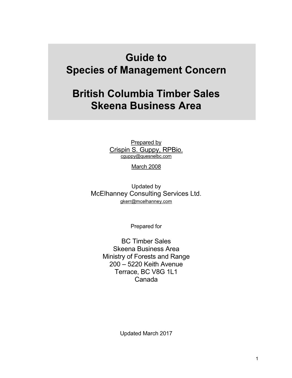 Guide to Species of Management Concern British Columbia Timber