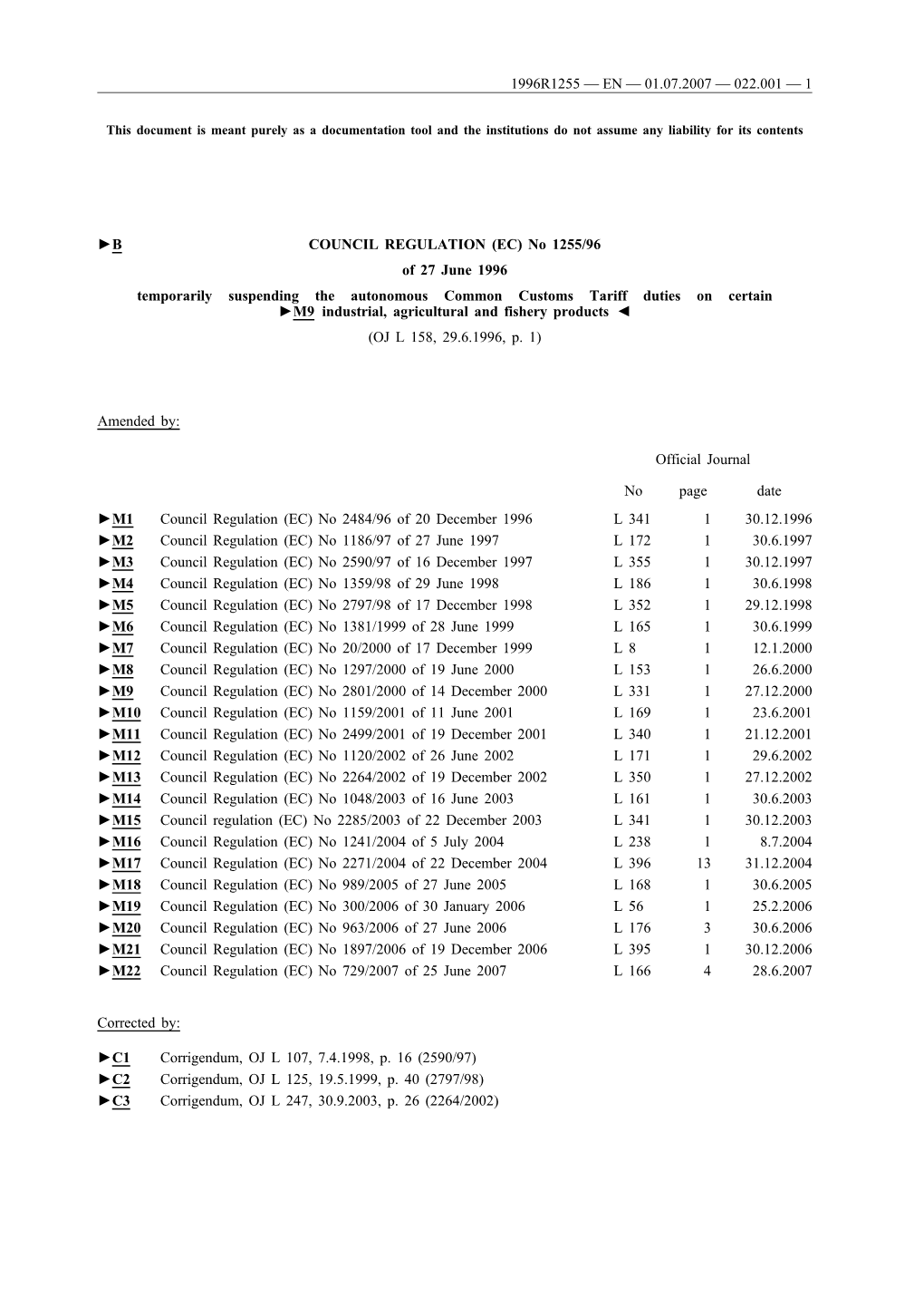 B COUNCIL REGULATION (EC) No 1255/96 of 27