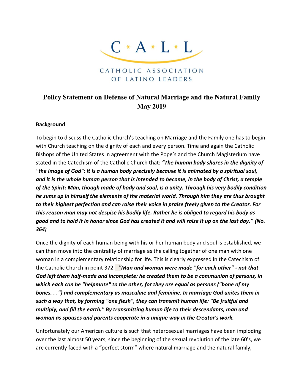 Defense of Natural Marriage and the Natural Family May 2019