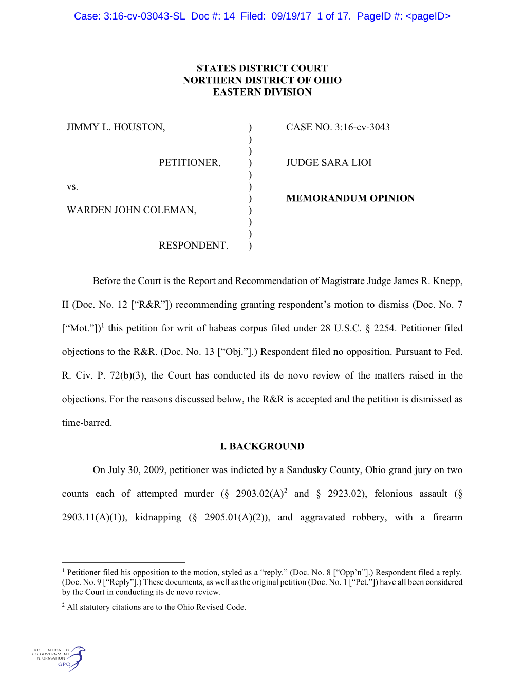 States District Court Northern District of Ohio Eastern Division