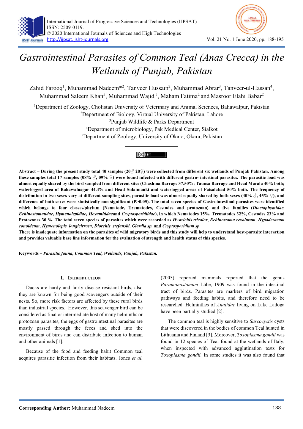 Gastrointestinal Parasites of Common Teal (Anas Crecca) in the Wetlands of Punjab, Pakistan