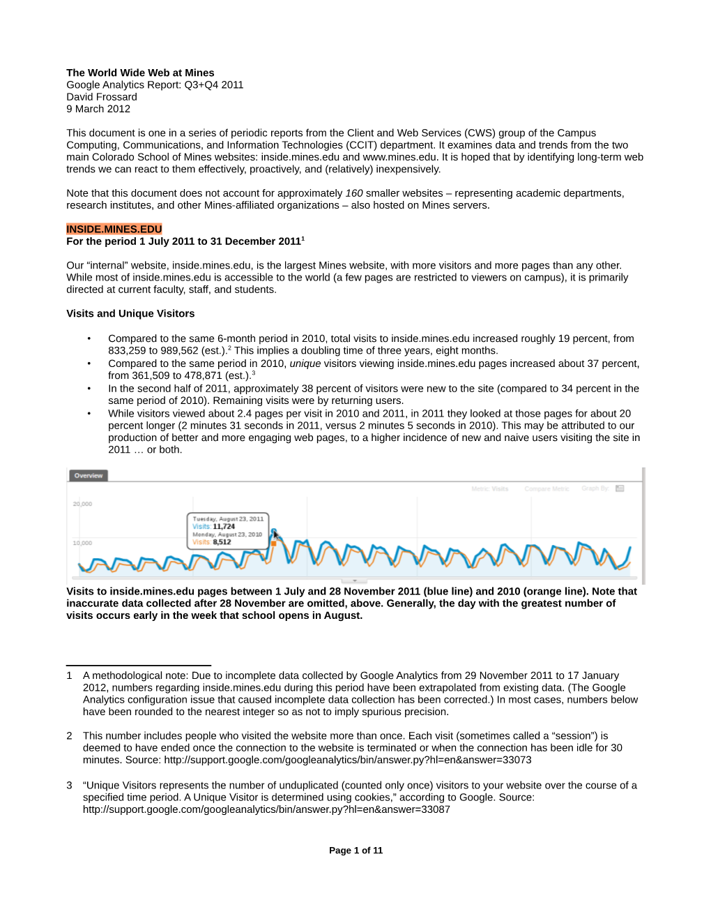 The World Wide Web at Mines Google Analytics Report: Q3+Q4 2011 David Frossard 9 March 2012