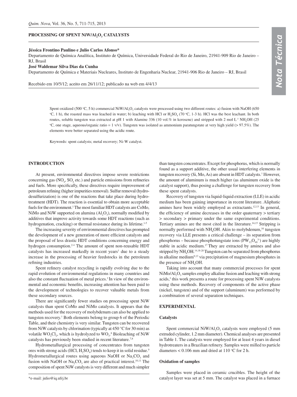 PROCESSING of SPENT Niw/Al2o3 CATALYSTS