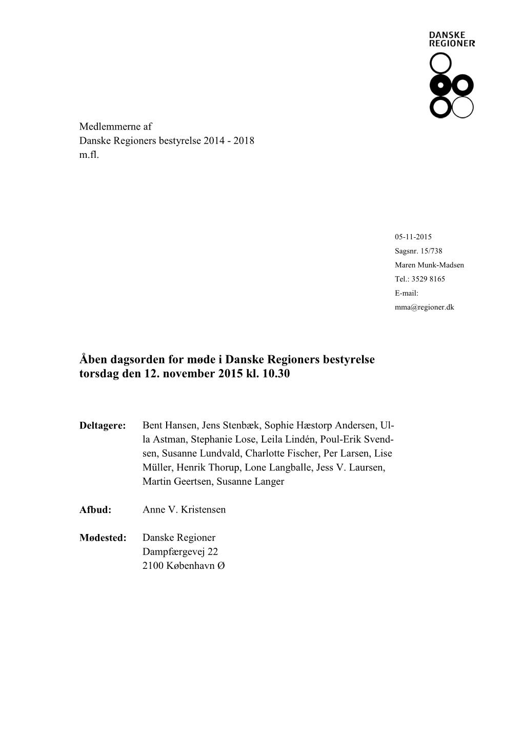 Åben Dagsorden for Møde I Danske Regioners Bestyrelse Torsdag Den 12