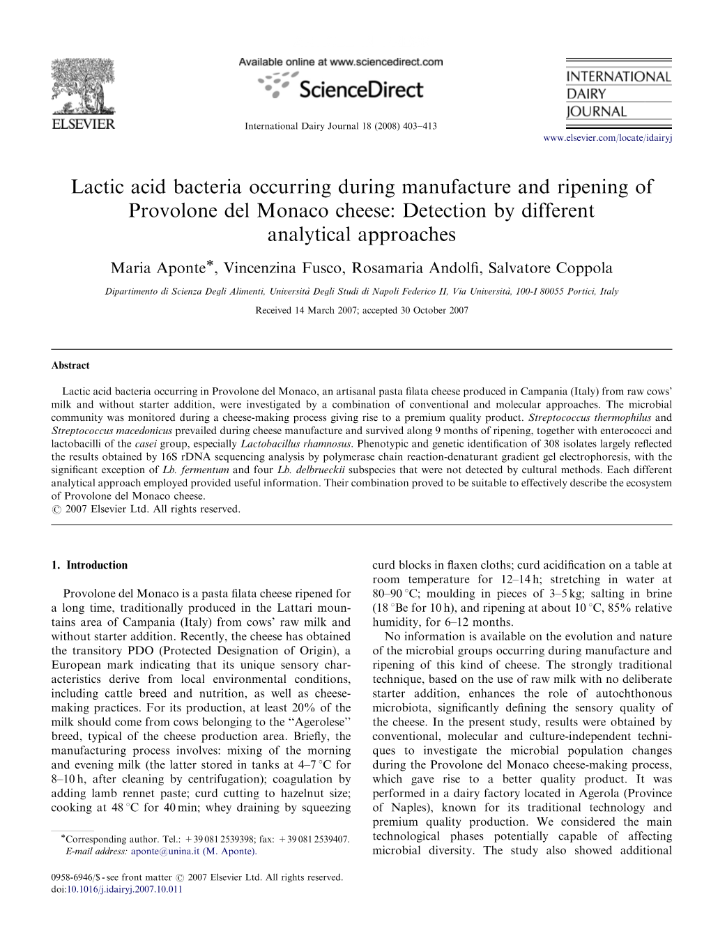 Lactic Acid Bacteria Occurring During Manufacture and Ripening of Provolone Del Monaco Cheese: Detection by Different Analytical Approaches