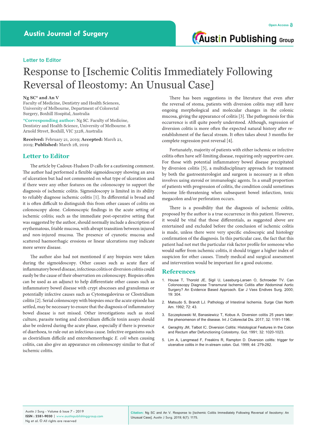 Ischemic Colitis Immediately Following Reversal of Ileostomy: An