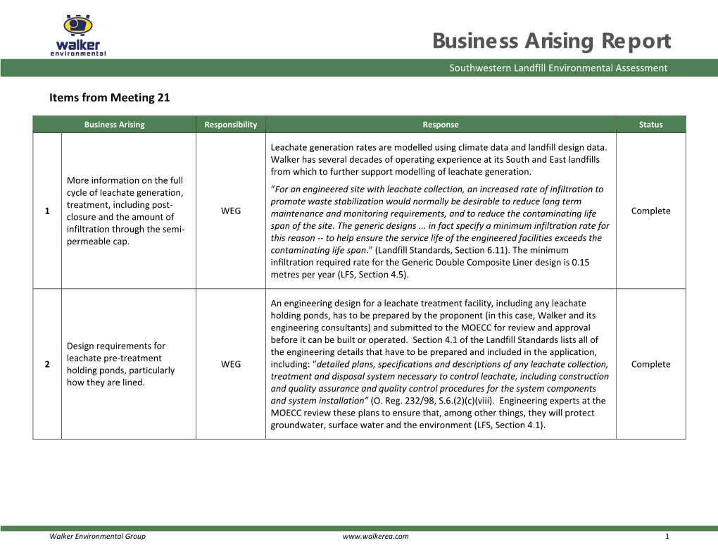 Business Arising Report