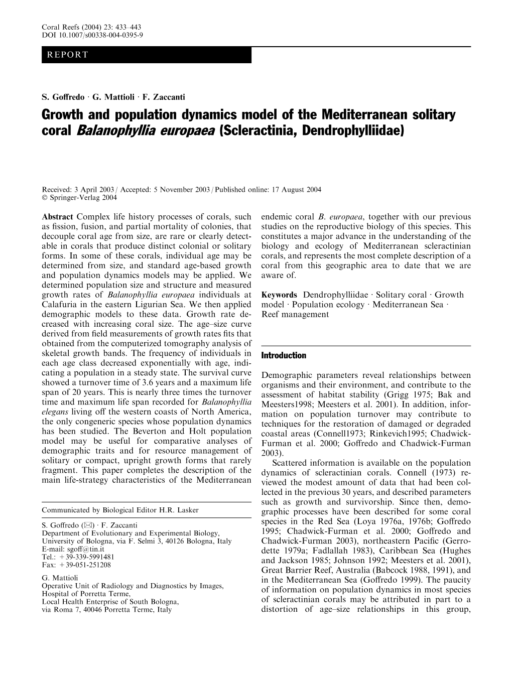 Growth and Population Dynamics Model of the Mediterranean Solitary Coral Balanophyllia Europaea (Scleractinia, Dendrophylliidae)