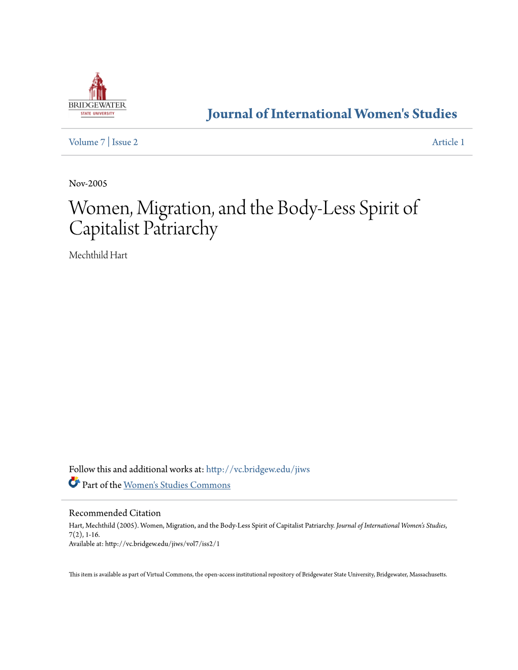 Women, Migration, and the Body-Less Spirit of Capitalist Patriarchy Mechthild Hart