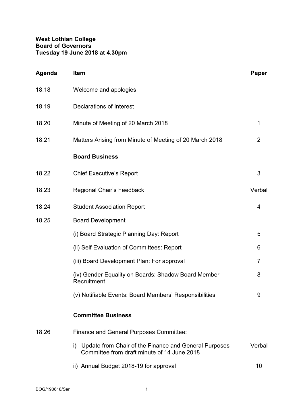 West Lothian College Board of Governors Tuesday 19 June 2018 at 4.30Pm