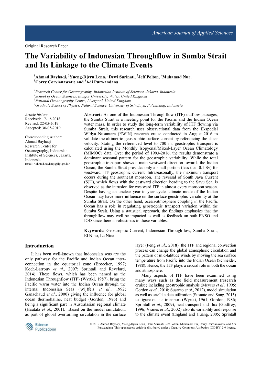 The Variability of Indonesian Throughflow in Sumba Strait and Its Linkage to the Climate Events