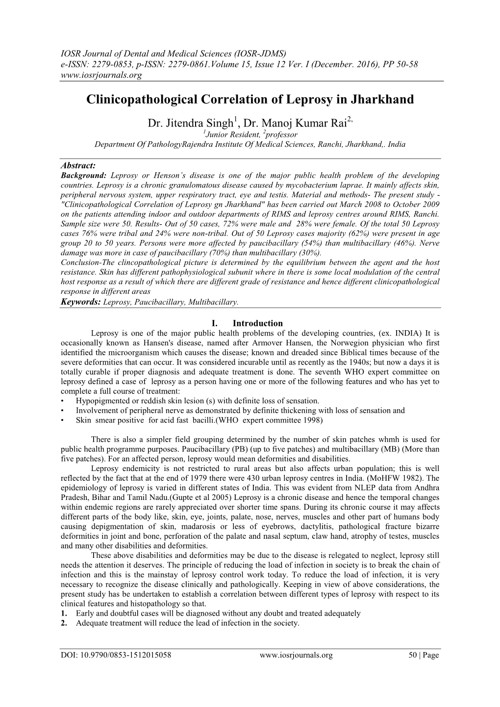 Clinicopathological Correlation of Leprosy in Jharkhand