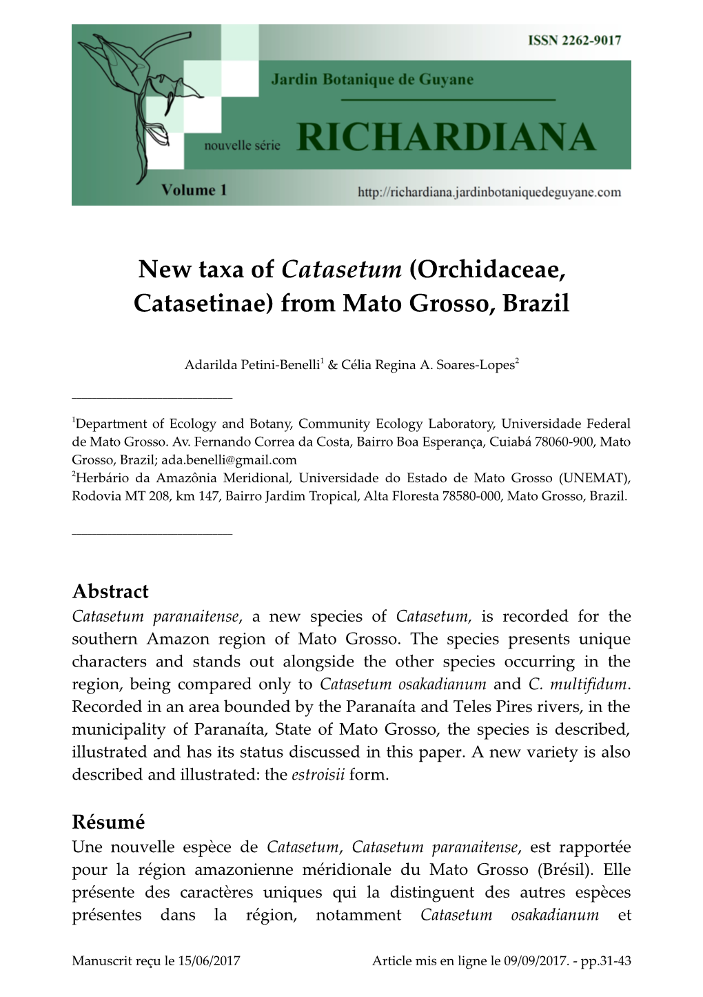 New Taxa of Catasetum (Orchidaceae, Catasetinae) from Mato Grosso, Brazil