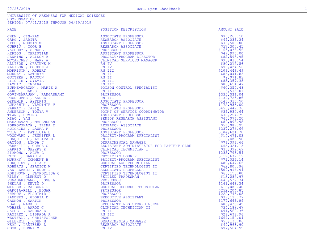 07/25/2019 UAMS Open Checkbook 1 UNIVERSITY of ARKANSAS FOR