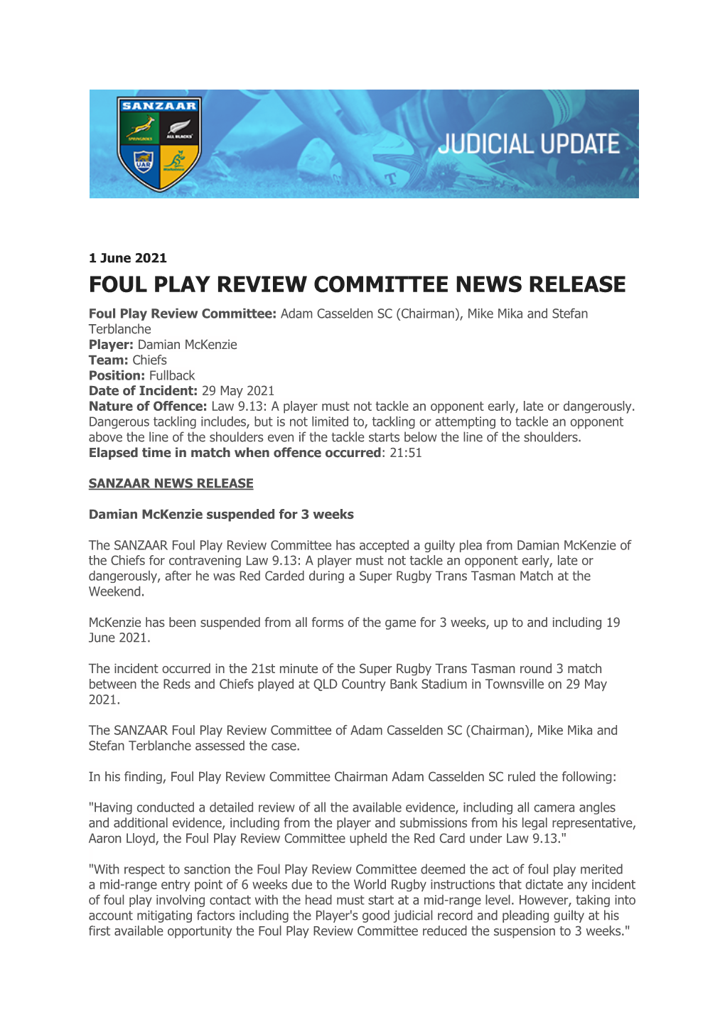 Foul Play Review Committee News Release