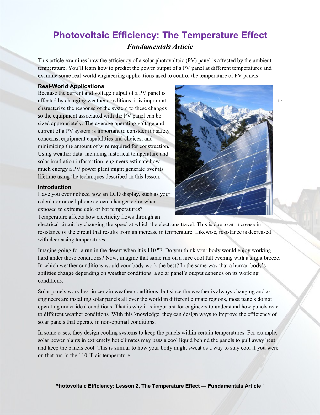 Photovoltaic Efficiency: the Temperature Effect