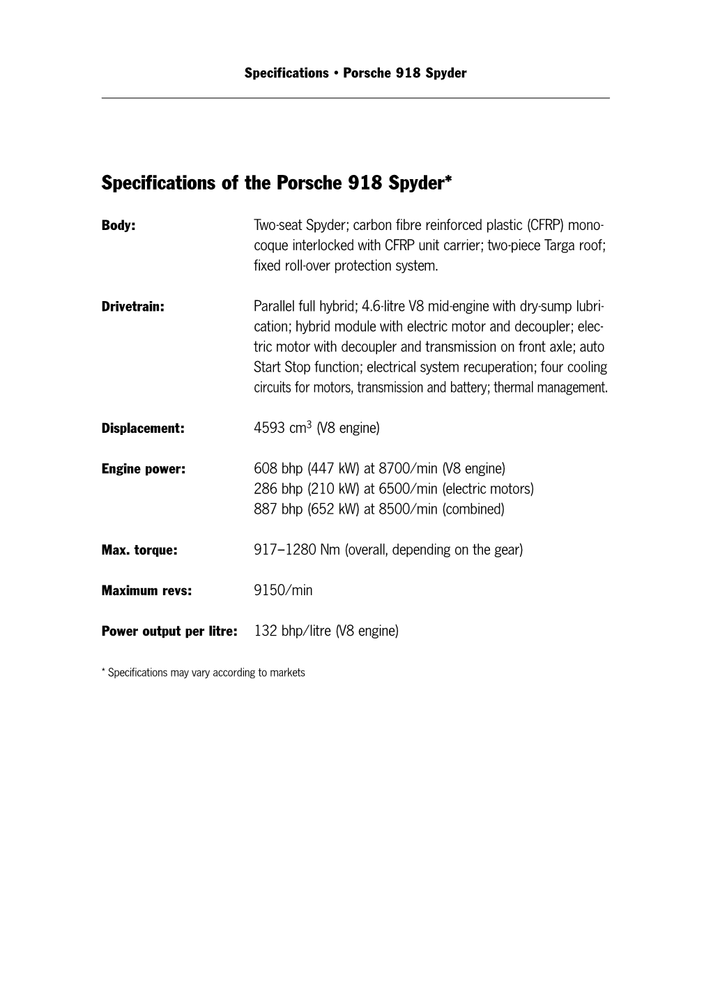 Specifications of the Porsche 918 Spyder*
