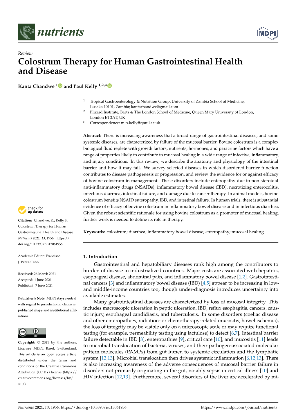 Colostrum Therapy for Human Gastrointestinal Health and Disease