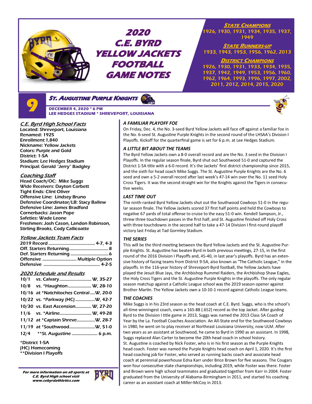 2020 C.E. Byrd Yellow Jackets Football Game Notes
