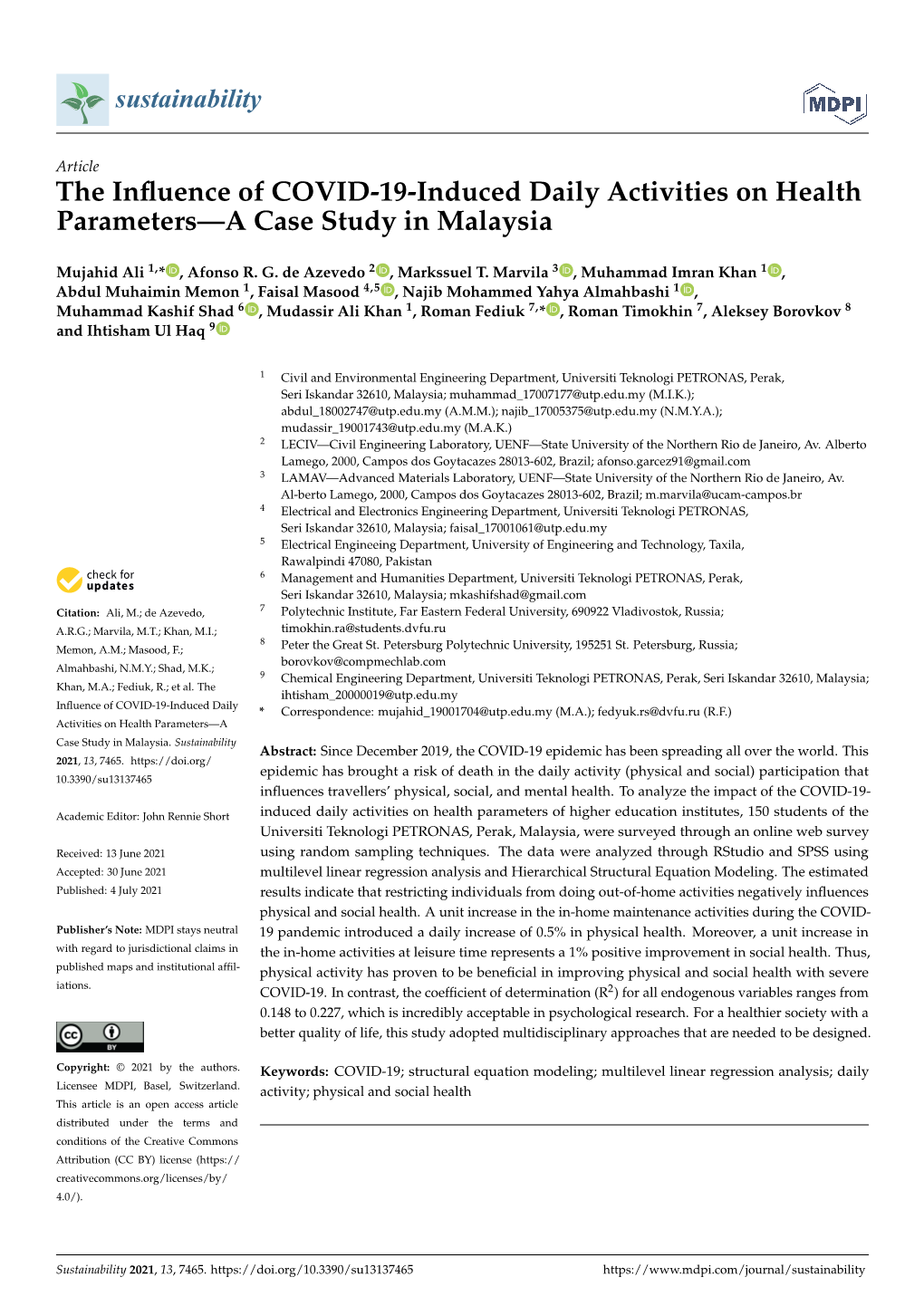 The Influence of COVID-19-Induced Daily Activities on Health