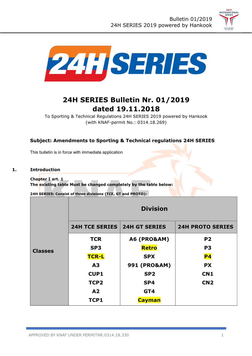 24H SERIES Bulletin Nr. 01/2019 Dated 19.11.2018 to Sporting & Technical Regulations 24H SERIES 2019 Powered by Hankook (With KNAF-Permit No.: 0314.18.269)