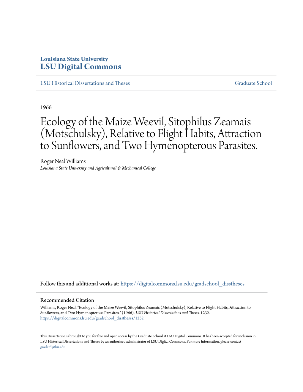 Ecology of the Maize Weevil, Sitophilus Zeamais (Motschulsky), Relative to Flight Habits, Attraction to Sunflowers, and Two Hymenopterous Parasites