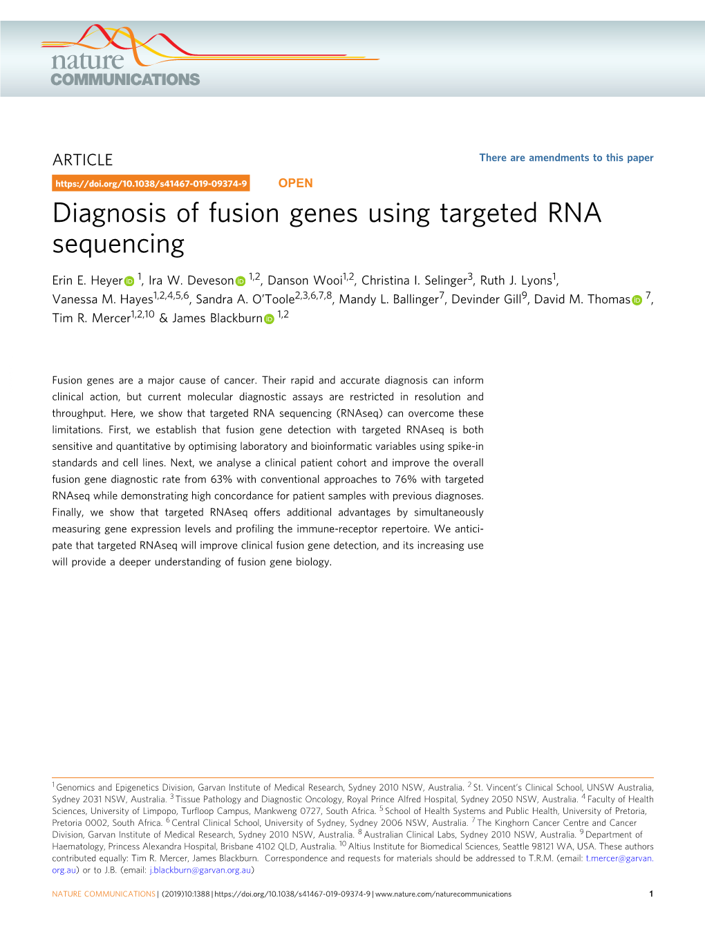 Diagnosis of Fusion Genes Using Targeted RNA Sequencing