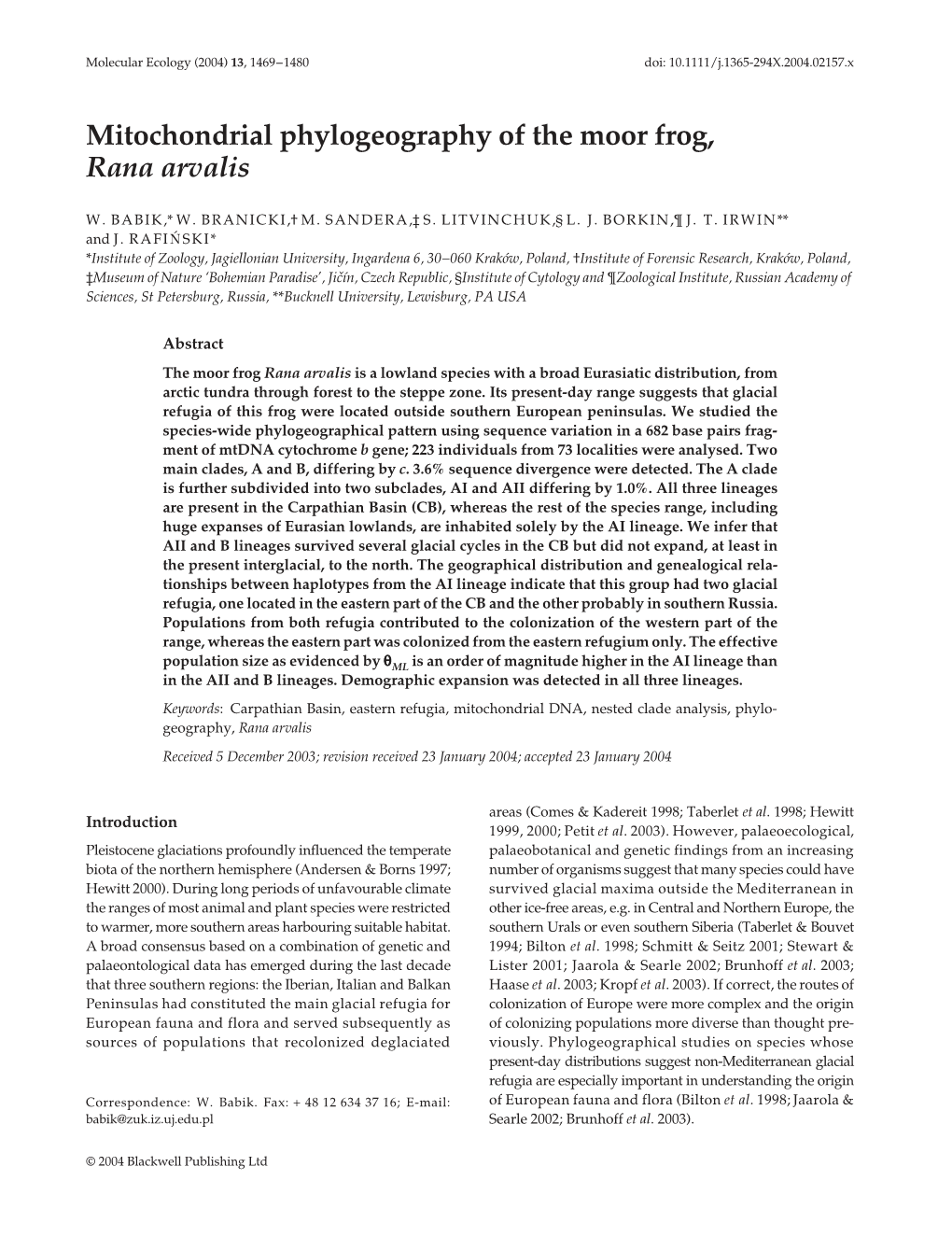 Mitochondrial Phylogeography of the Moor Frog, Rana Arvalis