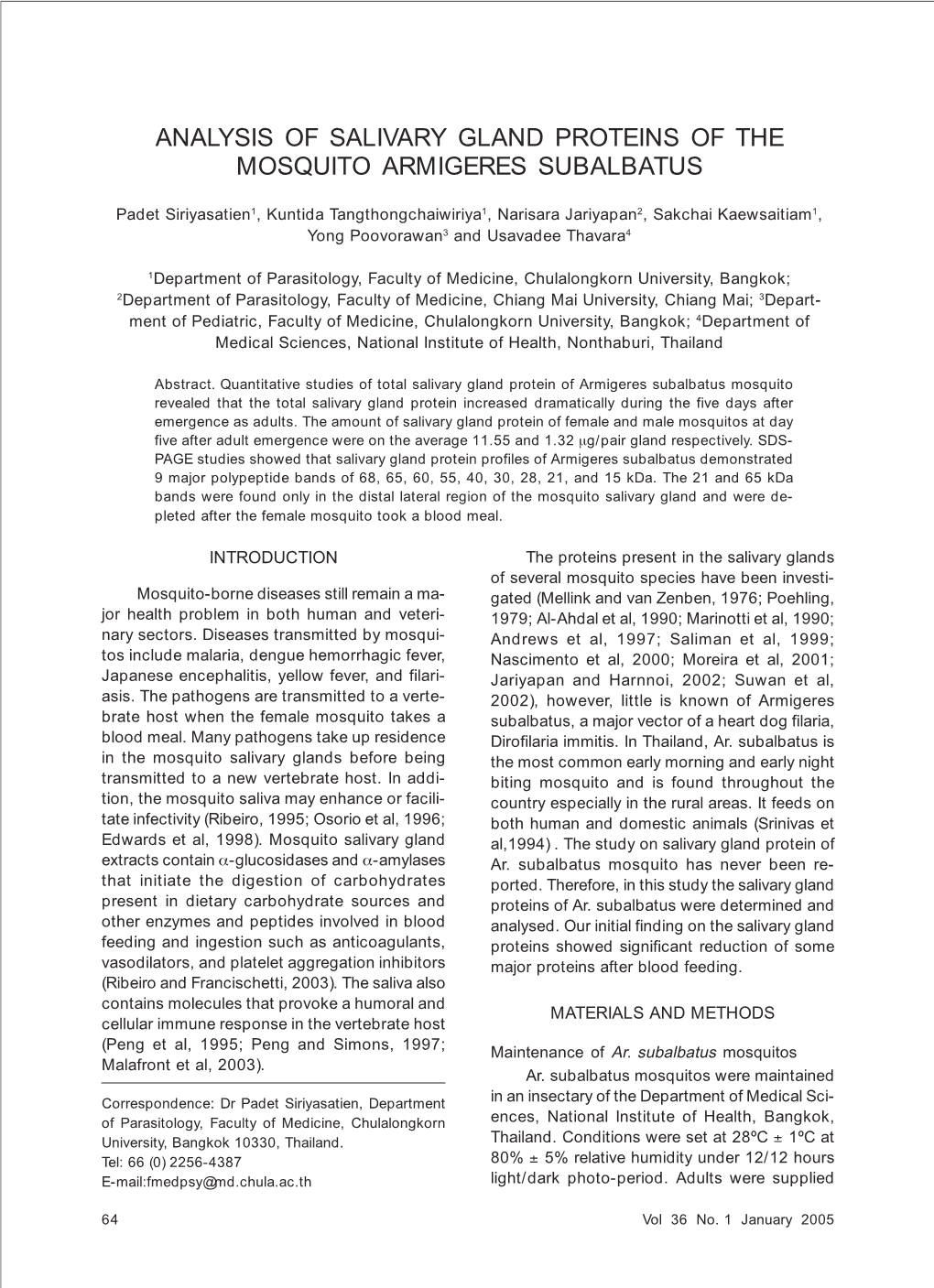 Analysis of Salivary Gland Proteins of the Mosquito Armigeres Subalbatus