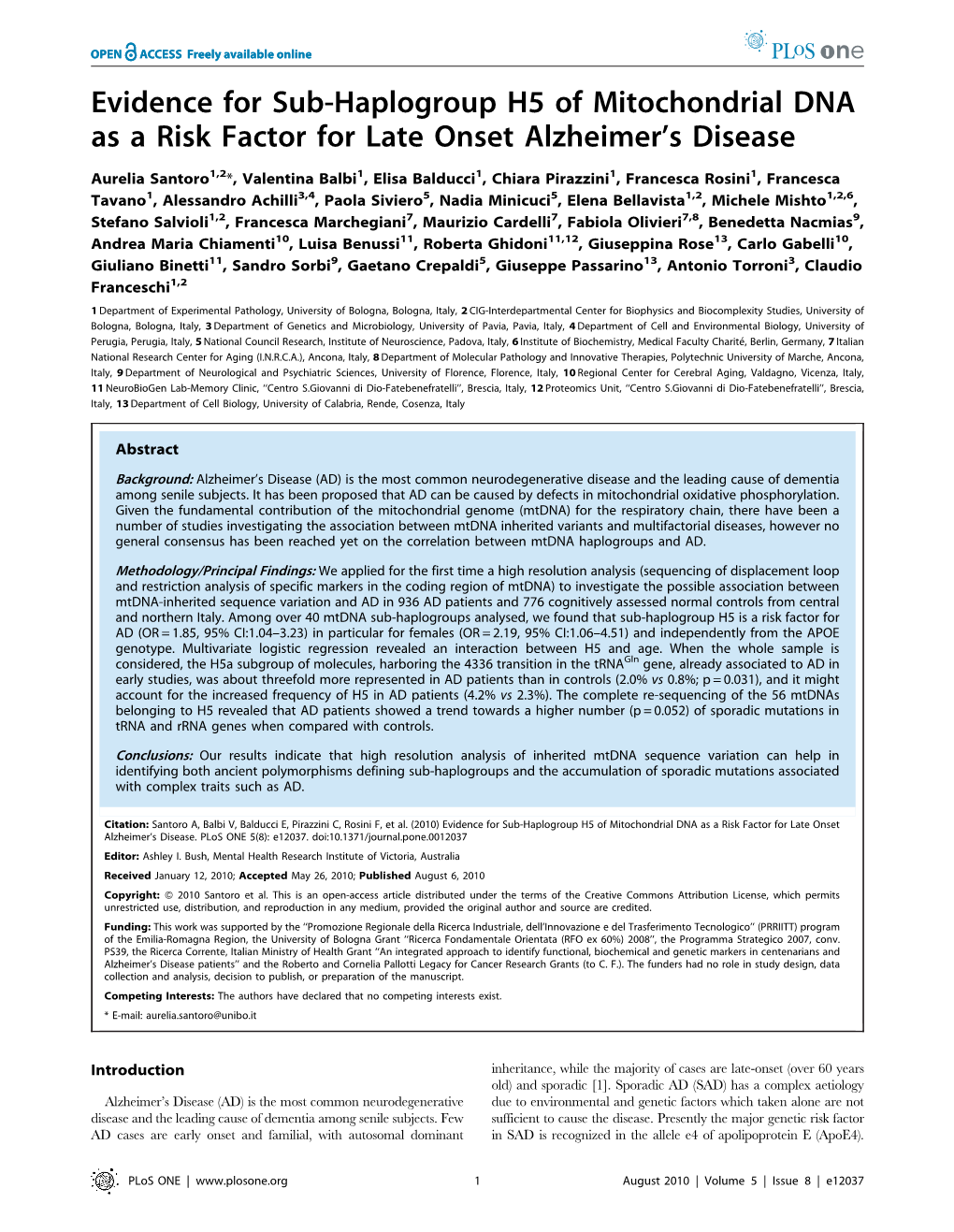 Evidence for Sub-Haplogroup H5 of Mitochondrial DNA As a Risk Factor for Late Onset Alzheimer’S Disease