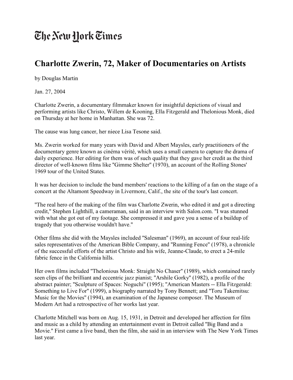Charlotte Zwerin, 72, Maker of Documentaries on Artists