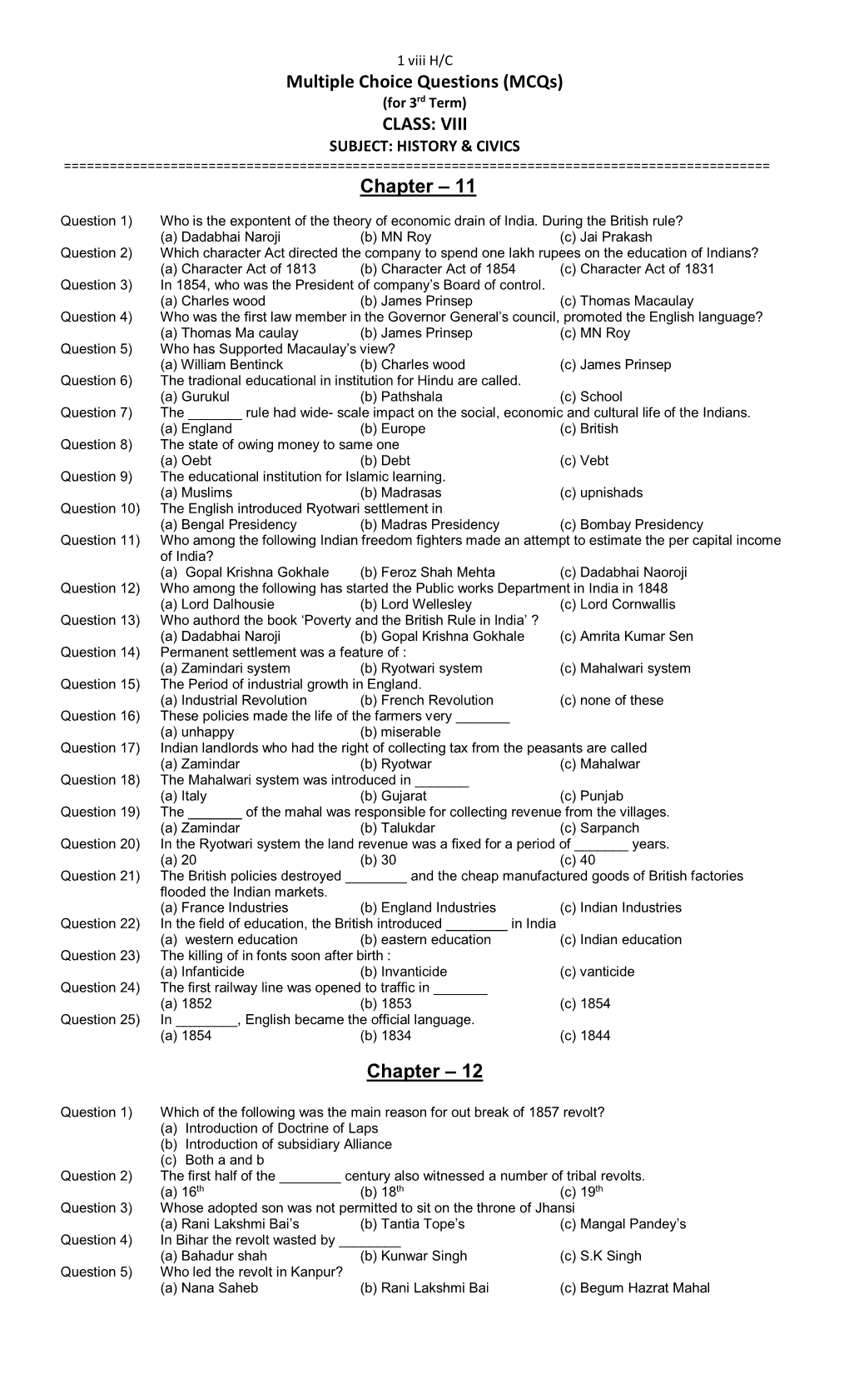 Multiple Choice Questions (Mcqs) CLASS: VIII Chapter