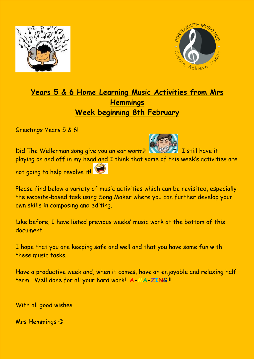 Years 5 & 6 Home Learning Music Activities from Mrs Hemmings Week