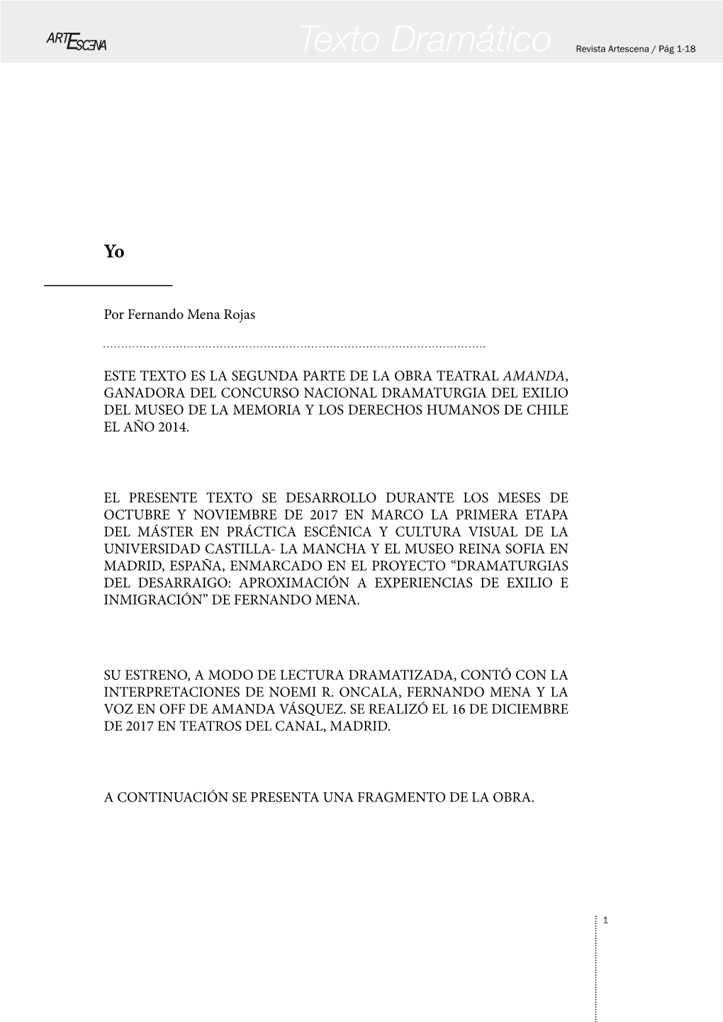 Texto Dramático Dramático Revista Artescena / Pág 1-18