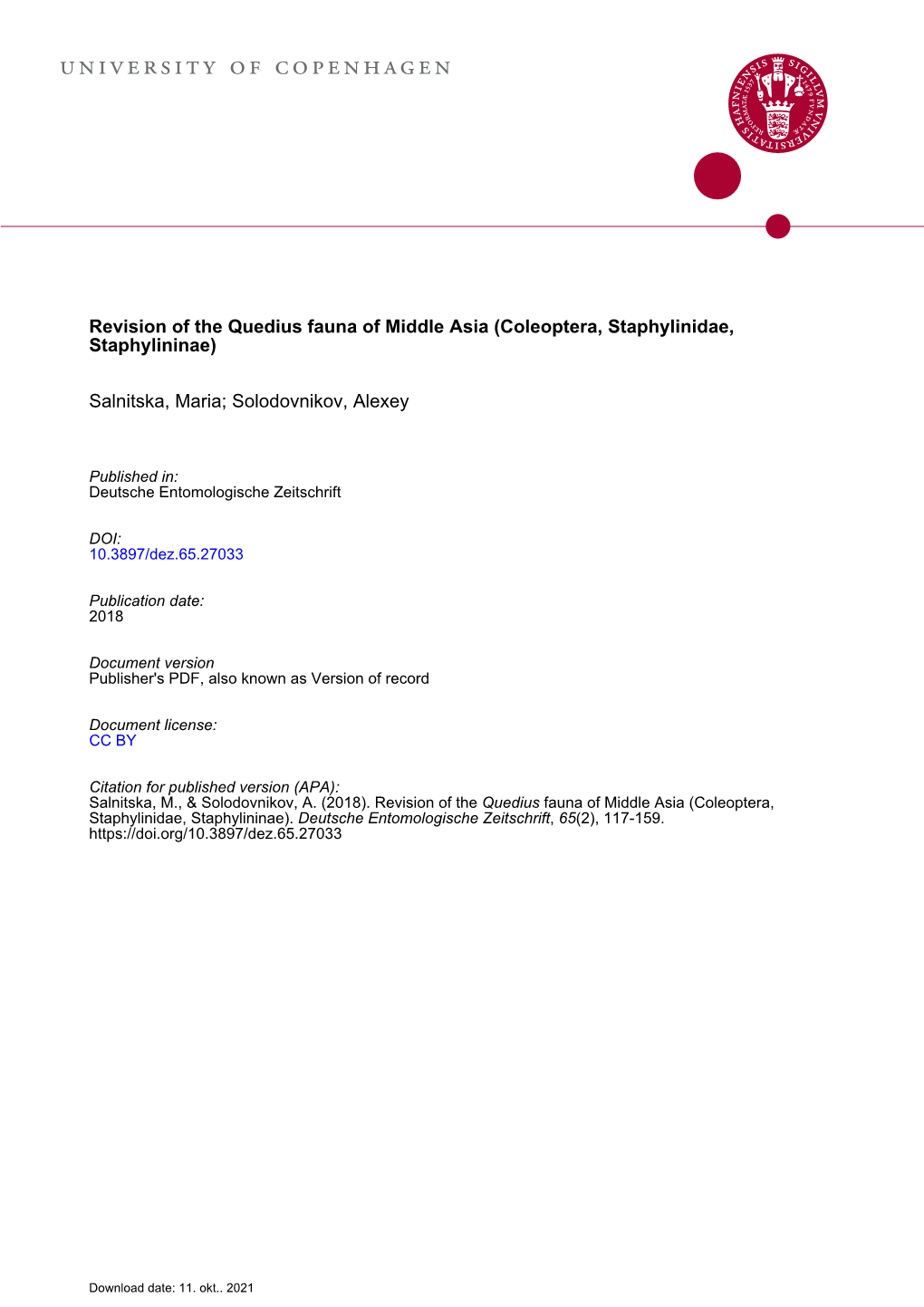 Revision of the Quedius Fauna of Middle Asia (Coleoptera, Staphylinidae, Staphylininae)