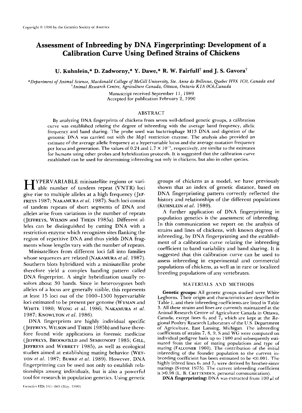 Assessment of Inbreeding by DNA Fingerprinting: Development of a Calibration Curve Using Defined Strains of Chickens