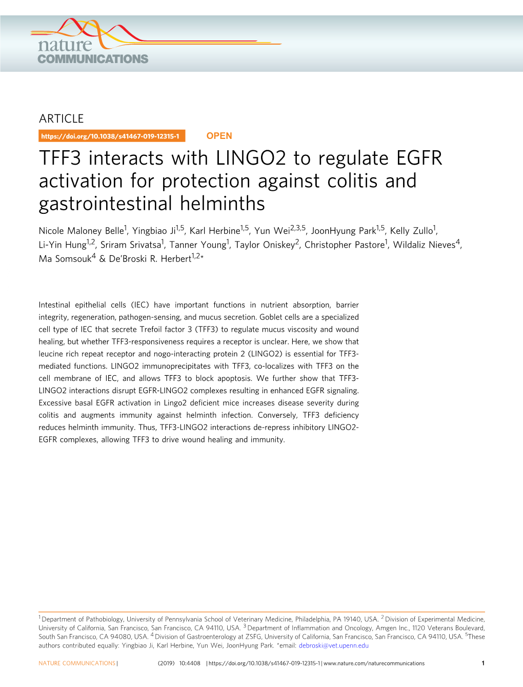 TFF3 Interacts with LINGO2 to Regulate EGFR Activation for Protection Against Colitis and Gastrointestinal Helminths
