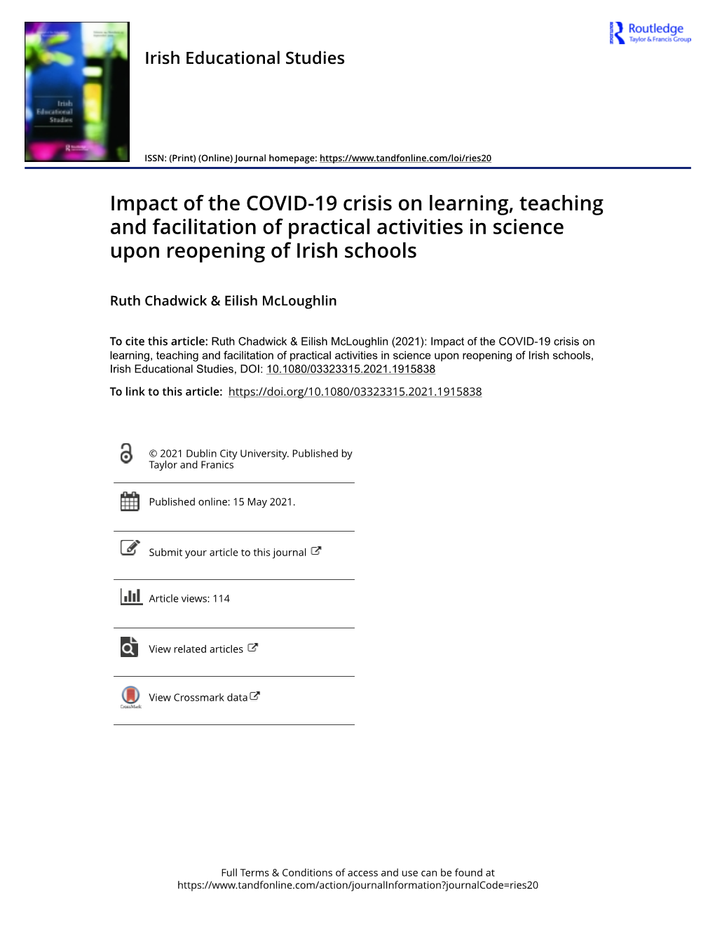 Impact of the COVID-19 Crisis on Learning, Teaching and Facilitation of Practical Activities in Science Upon Reopening of Irish Schools