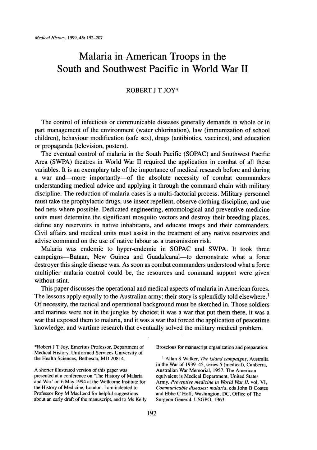 Malaria in American Troops in the South and Southwest Pacific in World War II