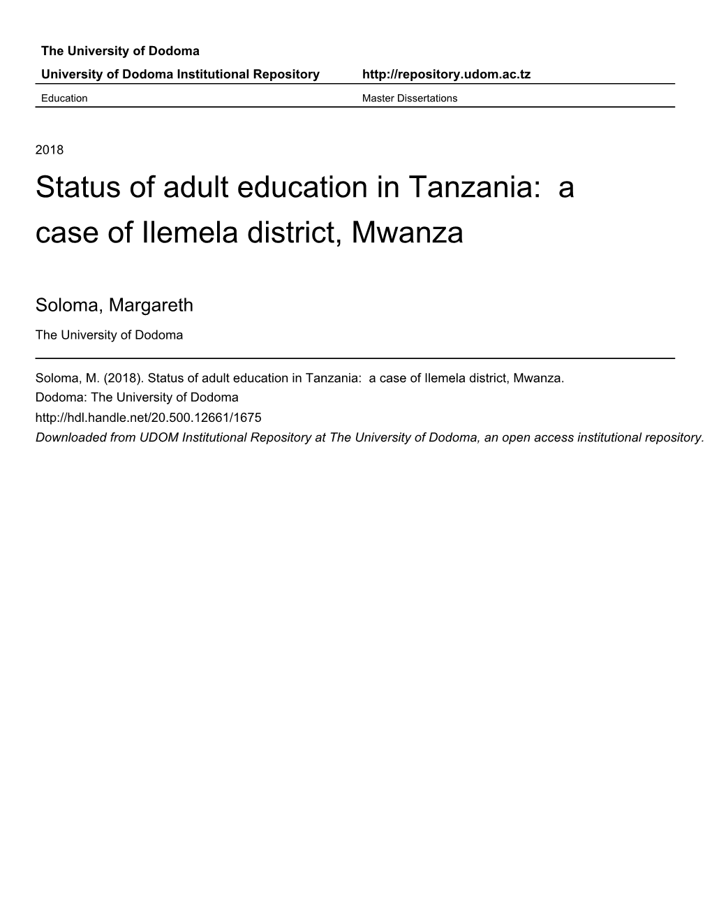 Status of Adult Education in Tanzania: a Case of Ilemela District, Mwanza
