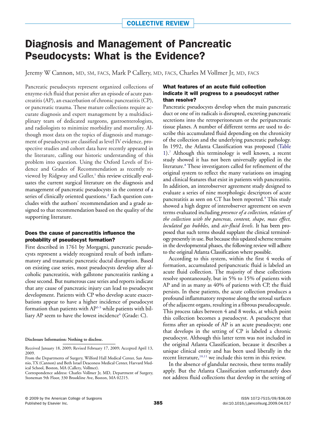 Diagnosis and Management of Pancreatic Pseudocysts: What Is the Evidence?