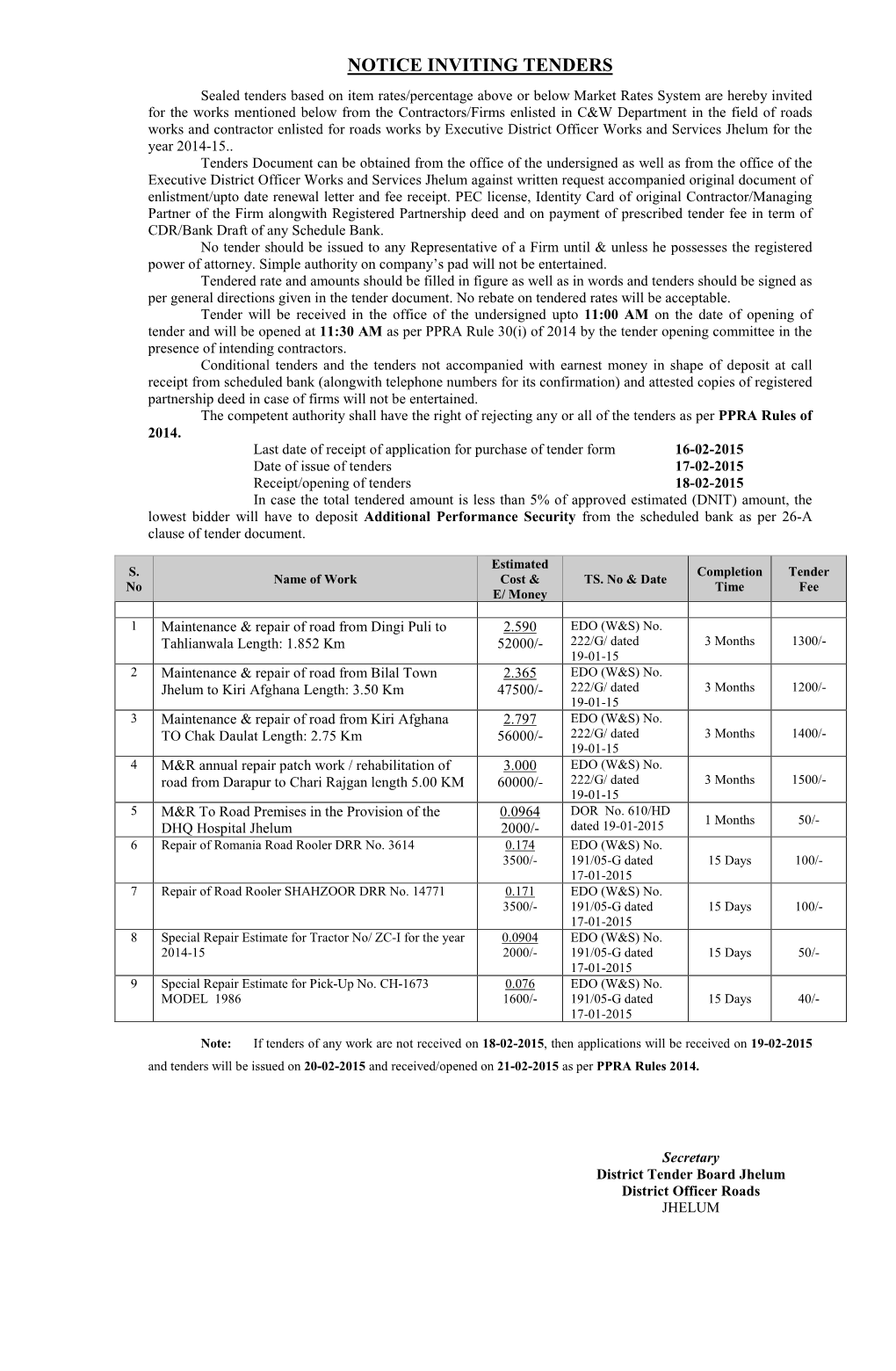 Notice Inviting Tenders