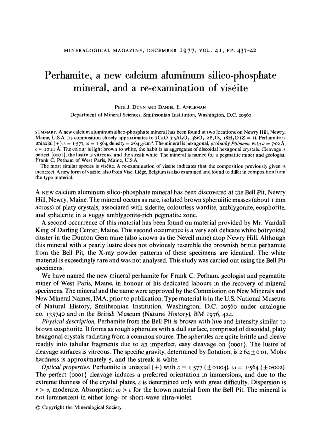 Perhamite, a New Calcium Aluminum Silico-Phosphate Mineral, and a Re-Exanfination of Vis6ite