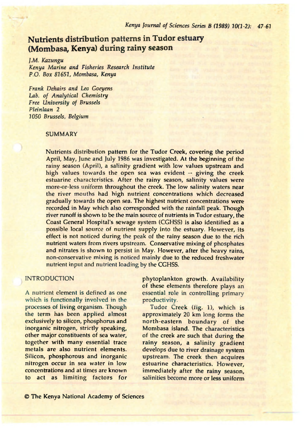 Nutrients Distribution Patterns in Tudor Estuary (Mombasa, Kenya) During Rainy Season J.M