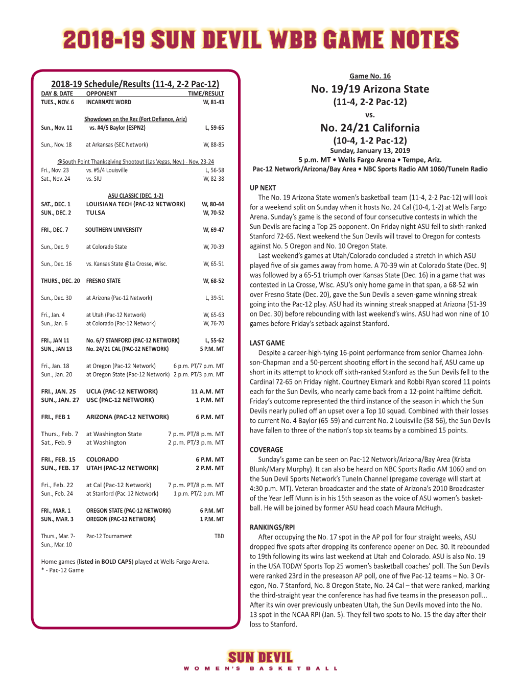 2018-19 Sun Devil Wbb Game Notes