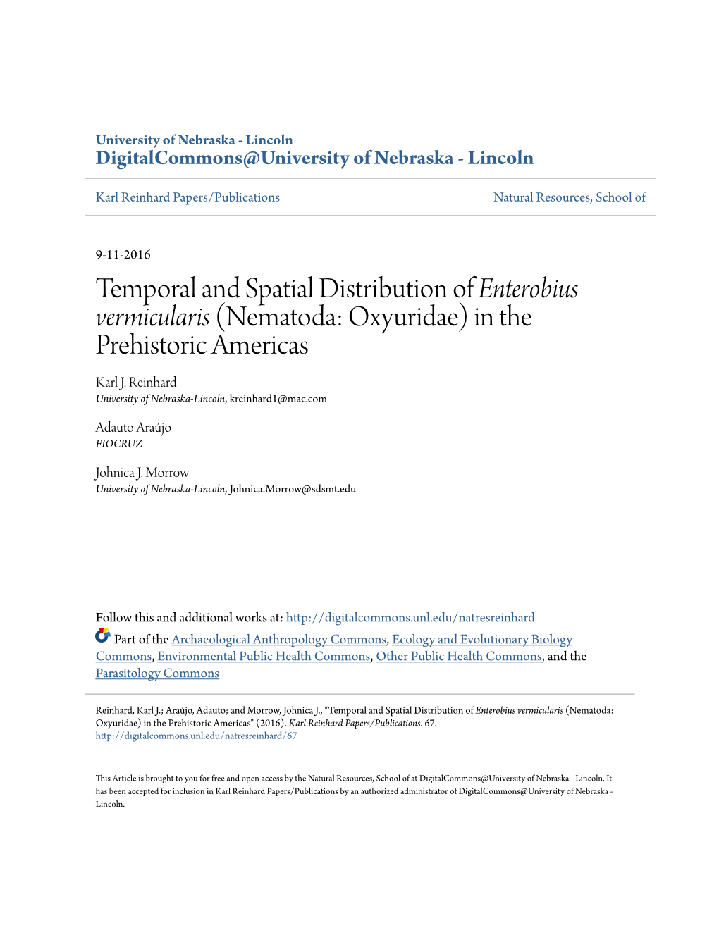 Nematoda: Oxyuridae) in the Prehistoric Americas Karl J