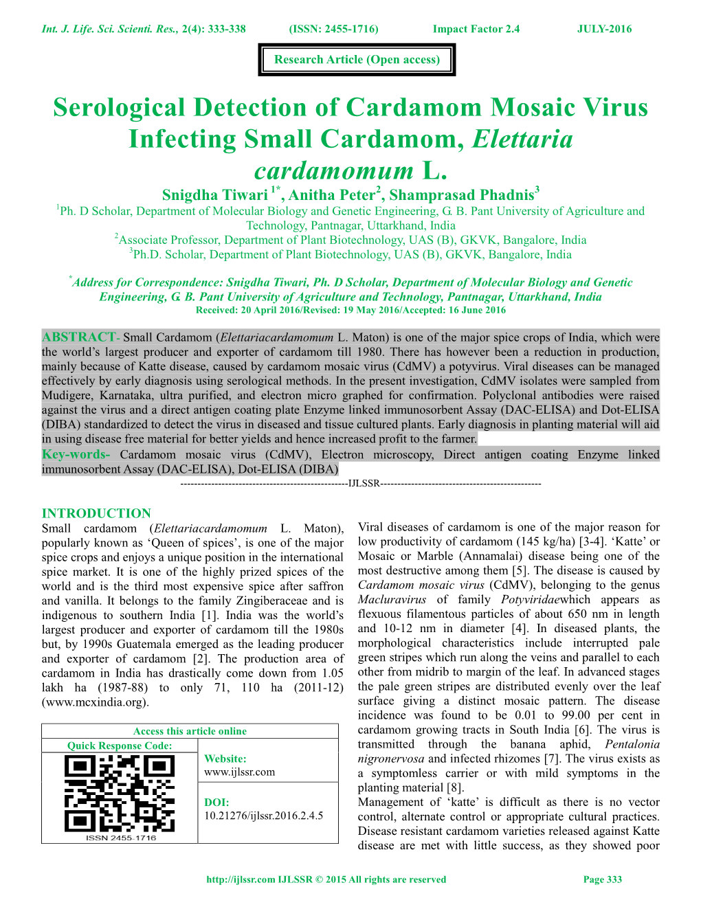 Serological Detection of Cardamom Mosaic Virus Infecting Small Cardamom, Elettaria Cardamomum L