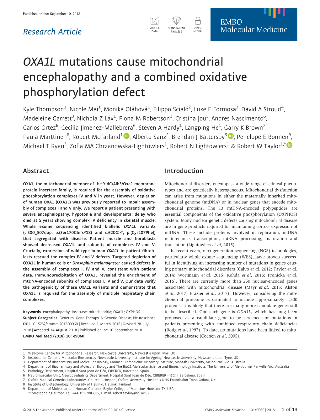 OXA1L Mutations Cause Mitochondrial Encephalopathy and a Combined Oxidative Phosphorylation Defect