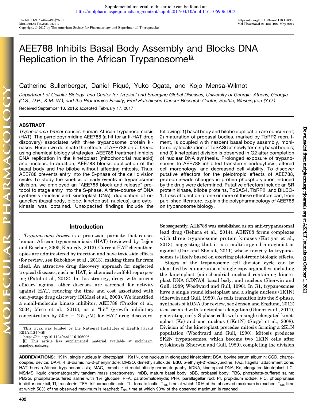 AEE788 Inhibits Basal Body Assembly and Blocks DNA Replication in the African Trypanosome S