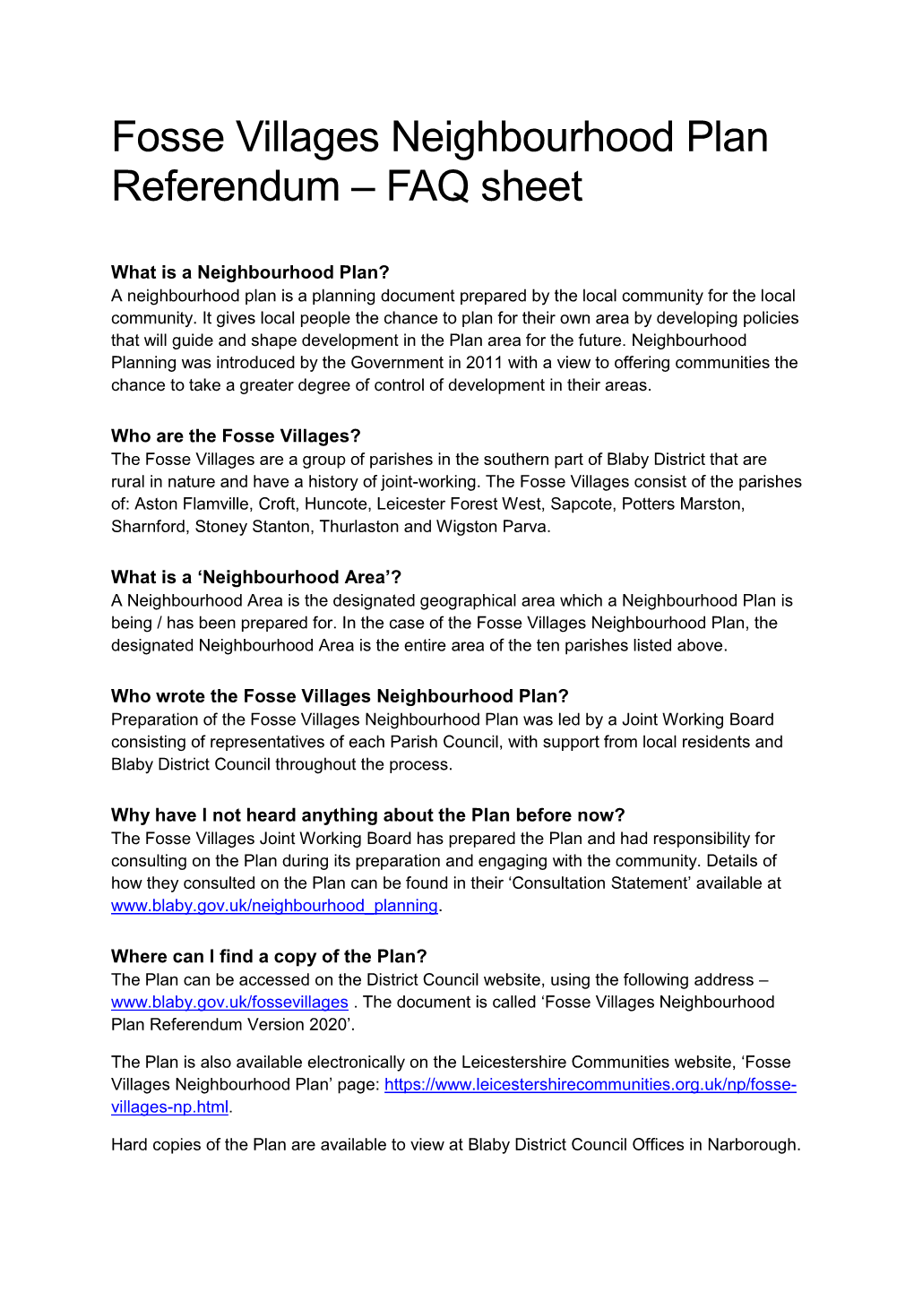 Fosse Villages Neighbourhood Plan Referendum FAQ Sheet